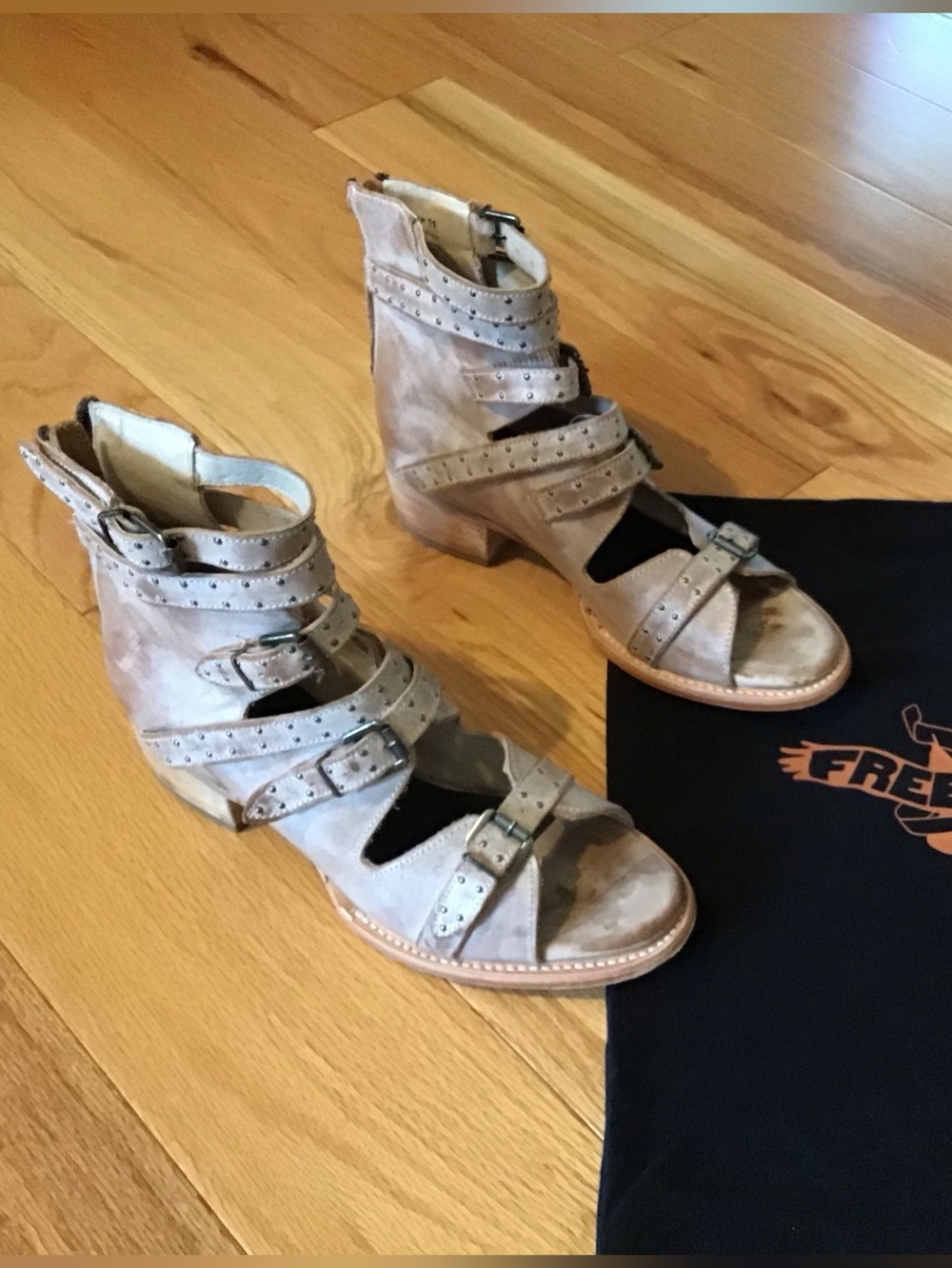 freebird Taupe Strappy Studded Buckle Block Heel Sandals